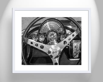 Car Art Print with Corvette in Black and White