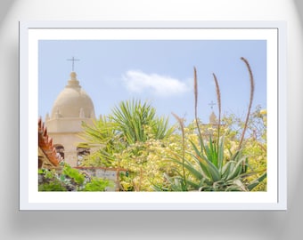 Carmel California Mission Art Print as Travel Wall Decor with Spanish Mission Church