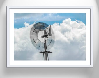 Farm Windmill Photograph with Stormy Sky and Clouds on Framed Canvas or Traditional Print