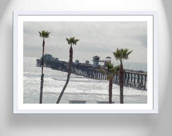 Oceanside California San Diego Art Print of Ocean Pier and Beach Palm Trees as Living Room Decor