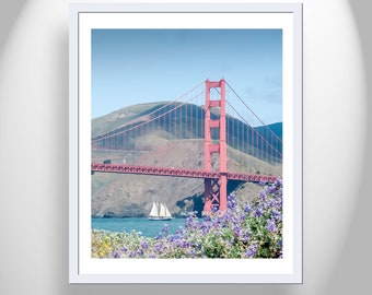 Marin County From Presidio with Golden Gate Bridge Sailboat and Wildflowers