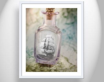 Romantic Sailing Art Print with Picture of Clipper Ship in a Bottle by Murray Bolesta