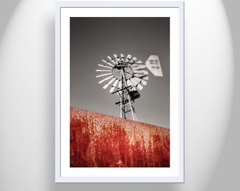 Vintage Ranch Windmill Picture with Rusty Stock Tank as Country Wall Decor for Home or Office