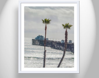 Oceanside Pier San Diego California Beach Photography Art Print with Palm Trees as Home Decor