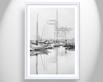 Port of Oakland Art Photograph at Jack London Square with Harbor Cranes in Black and White