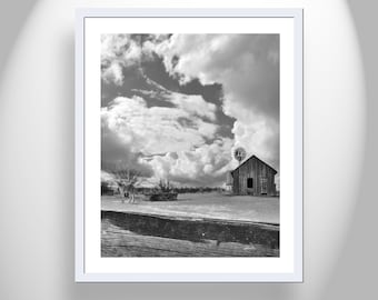 Horse Photography in Black and White with Vintage Western Ranch Corral and Windmill