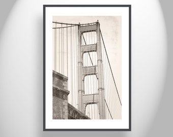 San Francisco Art Photography with Golden Gate Bridge in Vintage Sepia Style