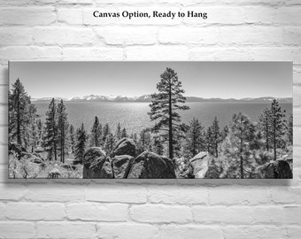 Lake Tahoe Photography in Black and White as Panoramic Wall Decor on Framed Canvas