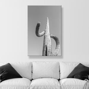 May include: Black and white photograph of a tall, slender cactus with a single arm reaching up and another arm curving back down. The cactus is against a plain, light gray background.