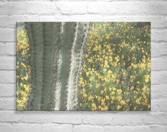 Nature Wall Decor with Art Print of Picacho Peak Arizona Desert Wildflower and Saguaro Cactus