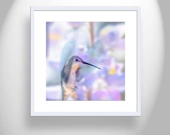 Pastel Blue Art Print with Hummingbird in Flight