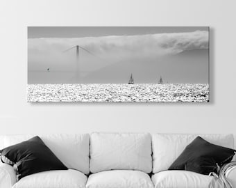 San Francisco Bay Kitesurfing and Sailing Art Print Panorama in Black and White as Home Decor