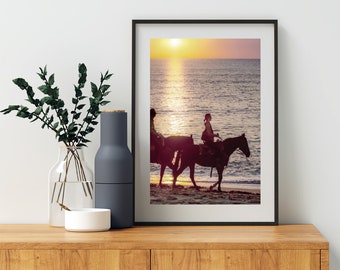 Horse Riding on Beach Art Print at Block Island Rhode Island with Ocean Sunset