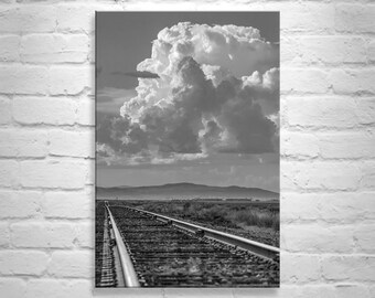 Black and White Western Landscape Art Print with Railroad Tracks