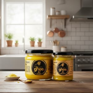 May include: Two glass jars of ghee with black lids and yellow labels, one large and one small, are on a wooden table. A small wooden spoon and a dish of ghee are in front of the jars. The labels read "just ghee A2 cultured ghee".