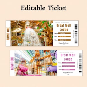 Digital Great Wolf Lodge Surprise Trip Gift Ticket, Amusement Park Printable Boarding Pass, Surprise reveal, Editable Trip Ticket Vacation