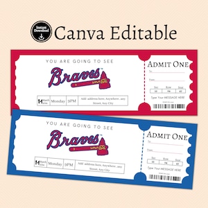 Atlanta Braves Ticket Geschenkvorlage, Baseball Ticket, Ticketvorlage, Andenken druckbares Ticket, Überraschungsticket, Braves Ticket