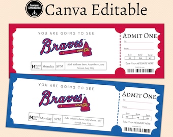 Atlanta Braves Ticket Gift template, baseball Ticket, Ticket template, Keepsake printable Ticket, Surprise ticket, Braves Ticket