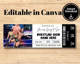 Editable/printable Wrestling or Boxing Event Ticket Template, Wrestling ticket gift for Christmas, Birthday , Wrestling  wrestling voucher