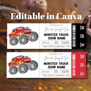 Bewerkbaar cadeaukaartje voor monstertruck-verrassingsreis, kaartjes voor professionele raceshows voor kerst, kaartjes voor monstertrucks liveshow,