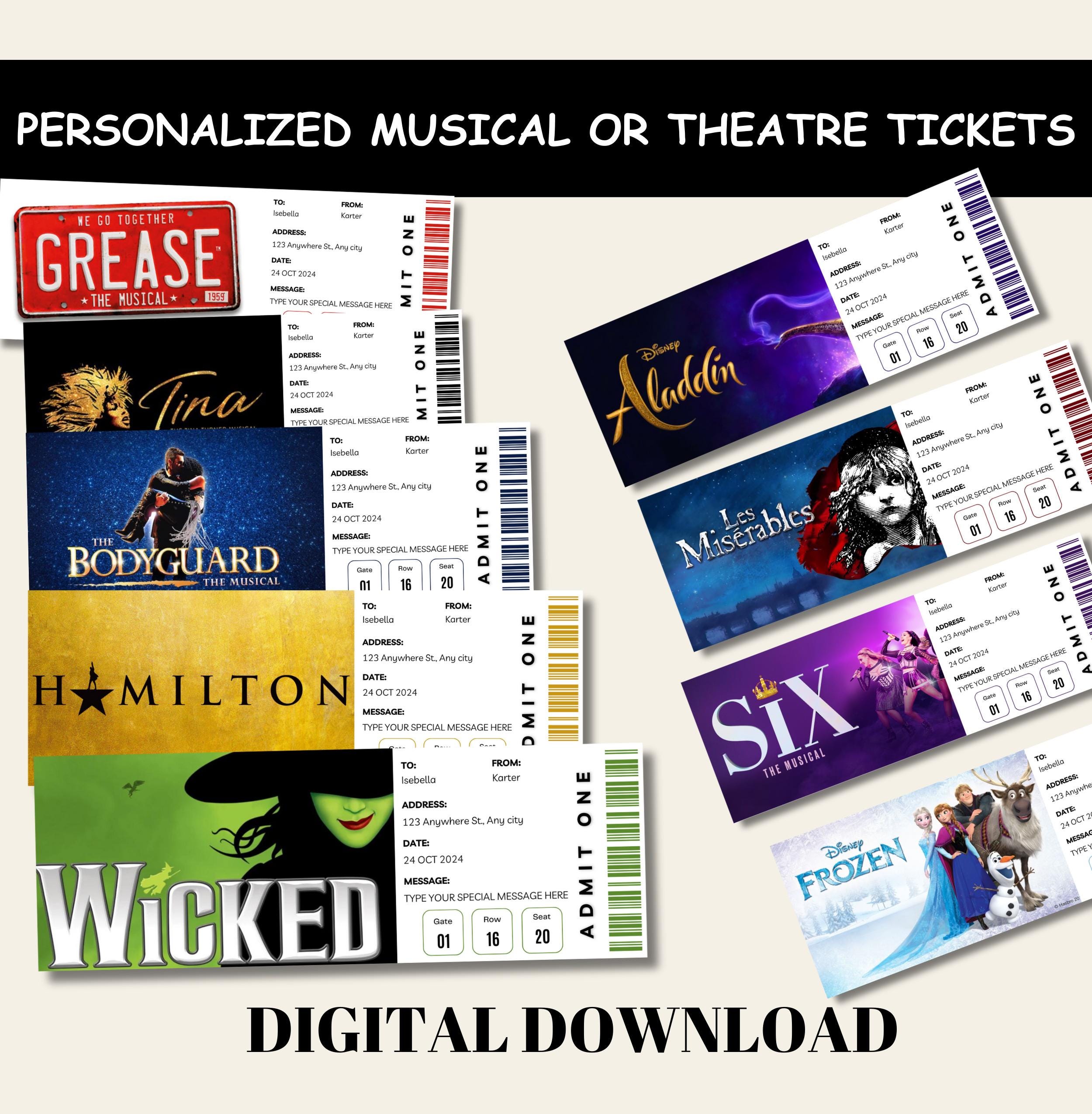 Personalized Theatre Ticket, Custom Surprise Broadway ticket, surprise musical ticket, Memorabilia Souvenir Ticket, Musical Gift Ticket,