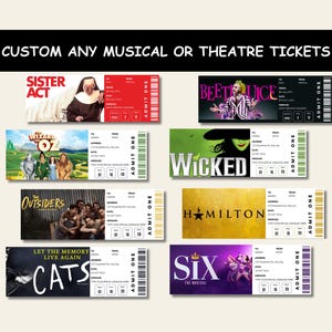 Personlig teaterbiljett, anpassad överraskningsbiljett till Broadway, överraskningsbiljett till musikal, souvenirbiljett till minnessaker, presentbiljett till musikal.