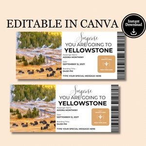 Souvenir modifiable de billet de carte d'embarquement de voyage d'avion de Yellowstone au Wyoming, billet de Yellowstone, billet de vacances de Noël d'anniversaire surprise