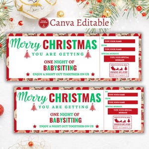 編集可能なクリスマス ベビーシッター ギフト クーポン、ベビーシッター バウチャー テンプレート、ベビーシッター 証明書、新米ママへのクリスマス ギフト