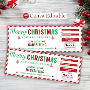 編集可能な新米ママ向けクリスマス ベビーシッター ギフト クーポン、ベビーシッター バウチャー テンプレート、ベビーシッター 証明書、新米ママ向けクリスマス ギフト