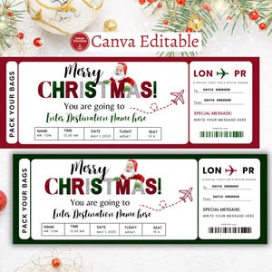 Billet carte d'embarquement pour Noël. Modèle de carte d'embarquement. Voyage surprise. Vacances surprise à imprimer. Voyage de Noël. Billet d'avion modifiable