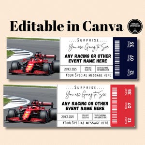 Bearbeitbare Car Racing Surprise Gift Ticket Vorlage, Rennwagenticket, Event Geburtstagsgeschenk, Car Racing Event Gutschein, Instant Download