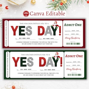 Bewerkbare Christmas Yes Day-coupon, Yes Day Kids, Yes Day Ticket, Yes Day-cadeaubon, Yes Day-certificaat, Yes Day-voucher, afdrukbaar