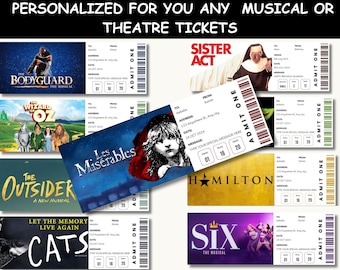 Personalized Theatre Ticket, Custom Surprise Broadway ticket, surprise musical ticket, Memorabilia Souvenir Ticket, Musical Gift Ticket,