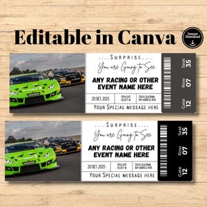 Bearbeitbare Rennwagen Überraschungsgeschenk Ticketvorlage, Car Racing Ticket, Event Geburtstagsgeschenk, Car Racing Event Gutschein, Instant Download