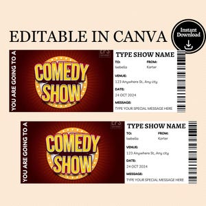 Puede incluir: Plantilla editable para un boleto de espectáculo de comedia. El boleto tiene un fondo rojo con un círculo amarillo que dice "Comedy Show" en letras blancas y negritas. El boleto incluye campos para el nombre del espectáculo, la fecha, el lugar, para y de.