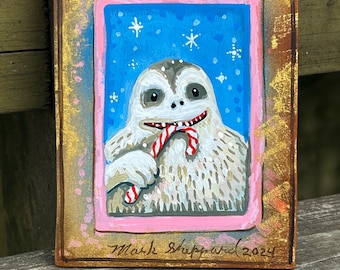 Mini Acrylic painting, Original art, Yeti, Yeti painting, Yeti eating a candy cane, winter art, original art, Mark Sheppard Art,  yeti art