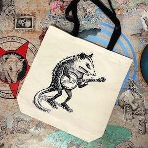 Possum tote bag, banjo tote bag, banjo possum tote, possum banjo, silkscreen tote bag, music lover gift, bluegrass music, Father&#39;s Day gift