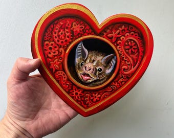 Small painting, Bat art, Bat heart, Bat lovers, gift for spouse, anniversary, Fine art painting, wood cut art, Mark Sheppard Art