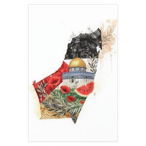 Palestine, gaza Silhouette Collage Wall Art,  Dome of the Rock, Keffiyeh, Olive Branch & Watermelon, Vintage Watercolor Print