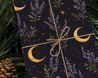 Dark Academia Celestial Moon and Floral Giftwrap, Dark Floral Lavender Wrapping Paper, Fine Art Paper, Gifts, Crafts, Holidays Birthday gift