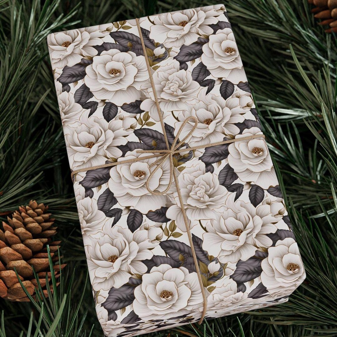 White and Gold Rose Floral Wrapping Paper, Greenery Giftwrap, Fine Art ...