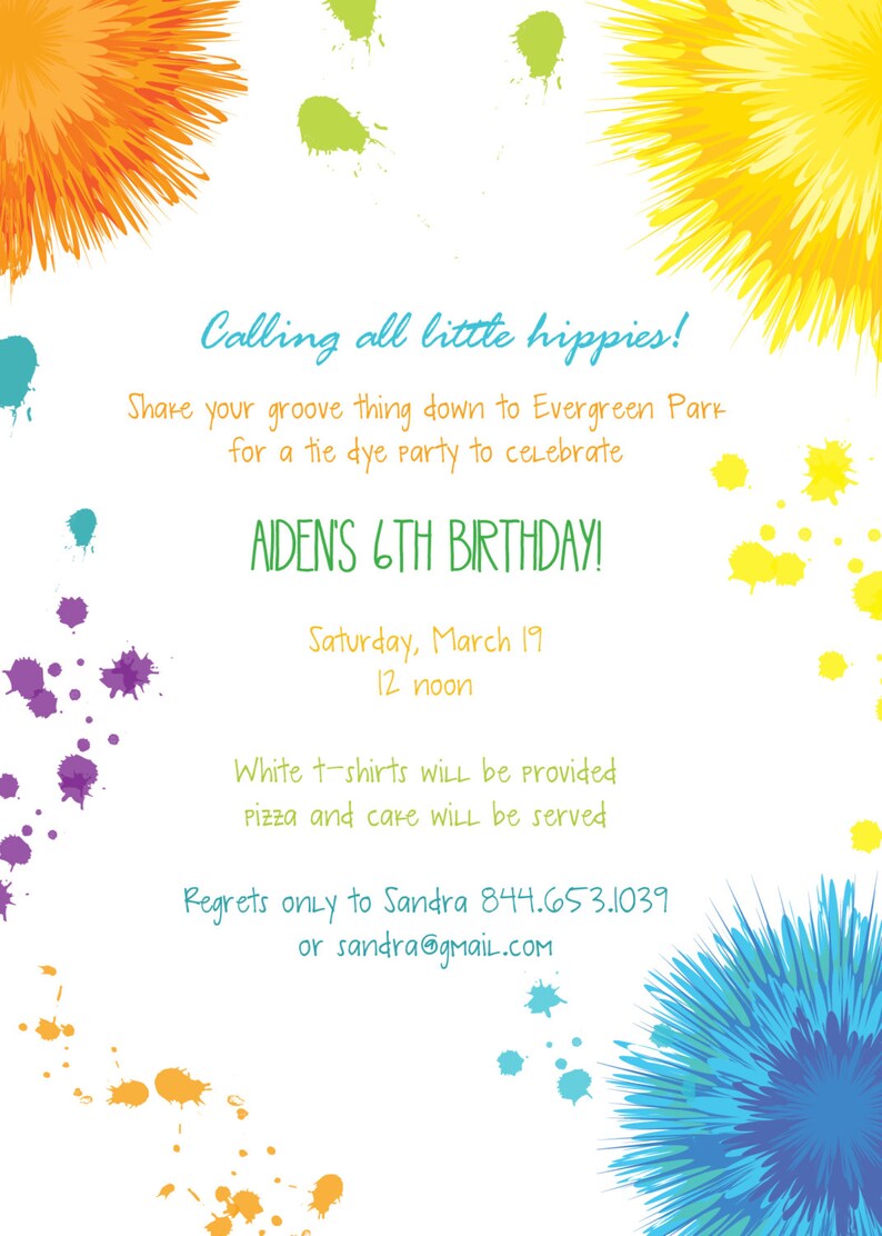hippie birthday party invitations tie dye colorful splats etsy