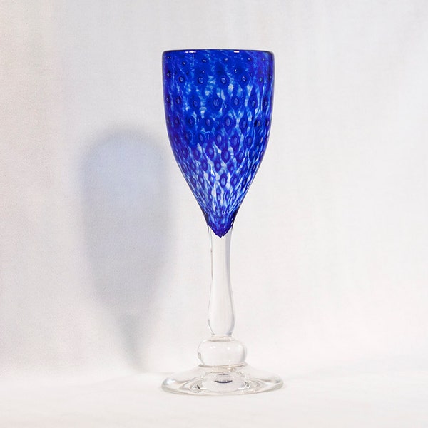 Handmade Wine Glass Goblet - Cobalt Blue Bubble Trap Clear Stem - Handblown in Chico, CA USA