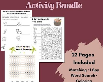 Puede incluir: Un paquete de actividades sobre animales de la Biblia de 22 páginas con hojas de trabajo imprimibles en blanco y negro. Incluye una página I Spy Animals in the Bible, una sopa de letras con ranas verdes y una actividad de emparejar dibujos.