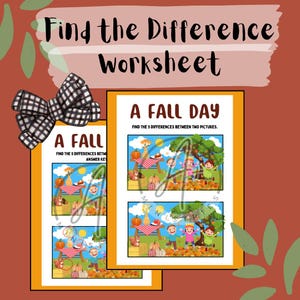 May include: A printable worksheet with two images of a fall scene. The text "A Fall Day" and "Find the 5 differences between two pictures" is at the top of the worksheet. The text "A Fall" and "Find the 5 differences between" is at the bottom of the worksheet.