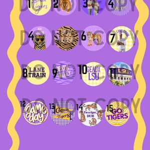 May include: A collection of fifteen circular graphic designs arranged in a grid on a purple background with a yellow wavy border. Each circle features LSU-themed imagery, including tigers, football players, and text such as Geaux Tigers, Lane Train, and Death Valley.
