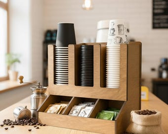 Organizador de tazas de café, organizador de estaciones de café, organizador de barras de café, soporte para tazas y tapas, organizador de condimentos de café, organizador de bolsitas de té