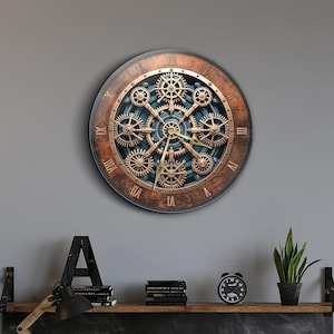 May include: A round wall clock with Roman numerals and a steampunk design featuring gears and cogs. The clock face is a dark blue with gold-coloured gears and a copper-coloured frame.