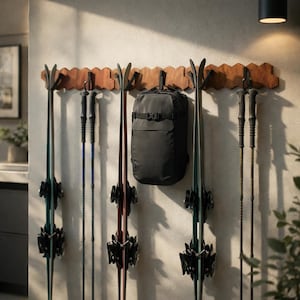 Puede incluir: Un estante de esquí de madera con esquís, bastones y una mochila negra. Los esquís son verdes y rojos, y los bastones son negros y azules. El estante está montado en una pared clara.