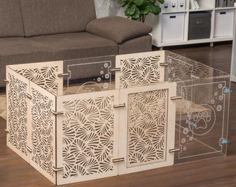Wooden Dog Playpen, Custom Puppy Play Pen, Freestanding Dog Crate, Acrylic Pet Playpen, Modern Dog Fence, Indoor Dog Kennel, Dog Gate Furniture
